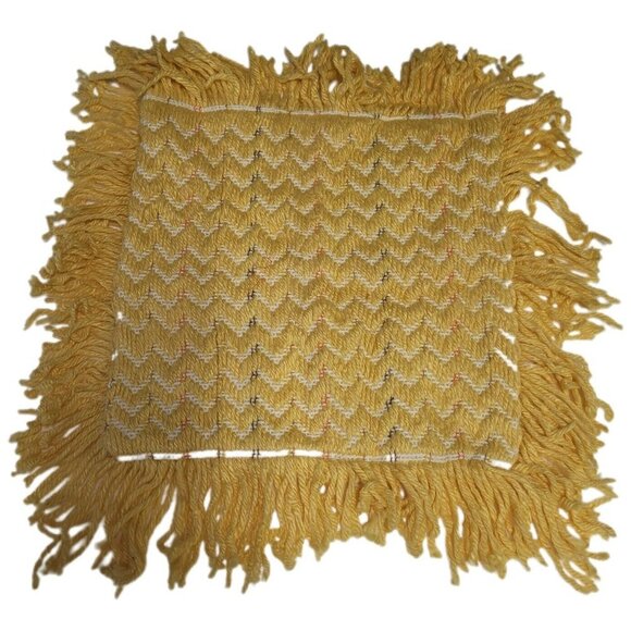 Vintage 70s Crochet Fringe Throw Pillow Case Woven MCM Retro Yellow 11.5"X13 - Picture 1 of 5